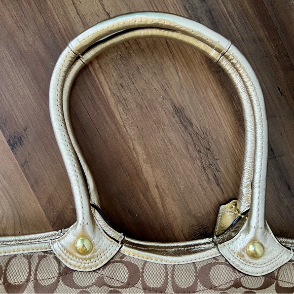 Coach Gold and Brown women signature Tote Bag with leather flower accents - Picture 9 of 15